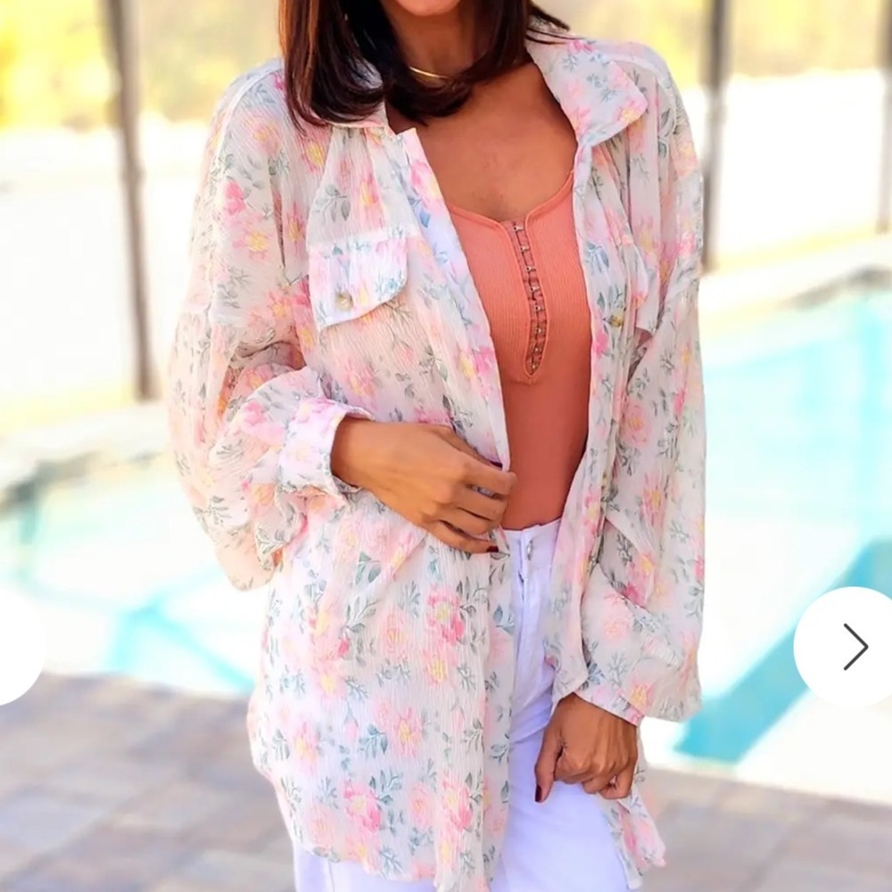 BiBi Floral Pattern Wrinkle Sheer Oversized Shacket Ivory/Blush Size M